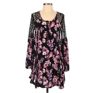 Black Floral Tunic Dress Top Romantic Purple/Pink Sheer Lace Sleeves 🥰